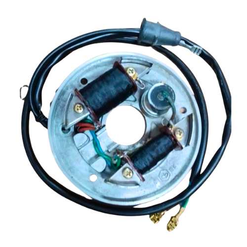 Statore supporto bobine Piaggio 140878 per Ape Car P2 e P3 220 benzina - piattello in ferro con bobine e cavi neri, ricambio originale nuovo