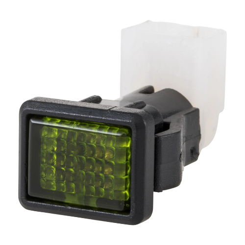 Spia luci verde originale Piaggio 213417 vista di tre quarti, cornice nera e connettore bianco