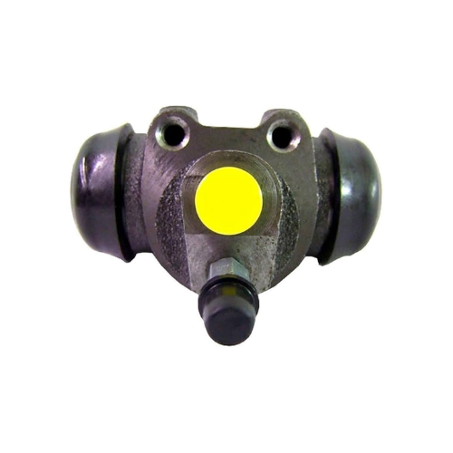 Cilindretto freno posteriore Piaggio 227549 visto di fronte: tappo giallo di protezione sul foro tubo, due fori di fissaggio e vite di spurgo con cappuccio