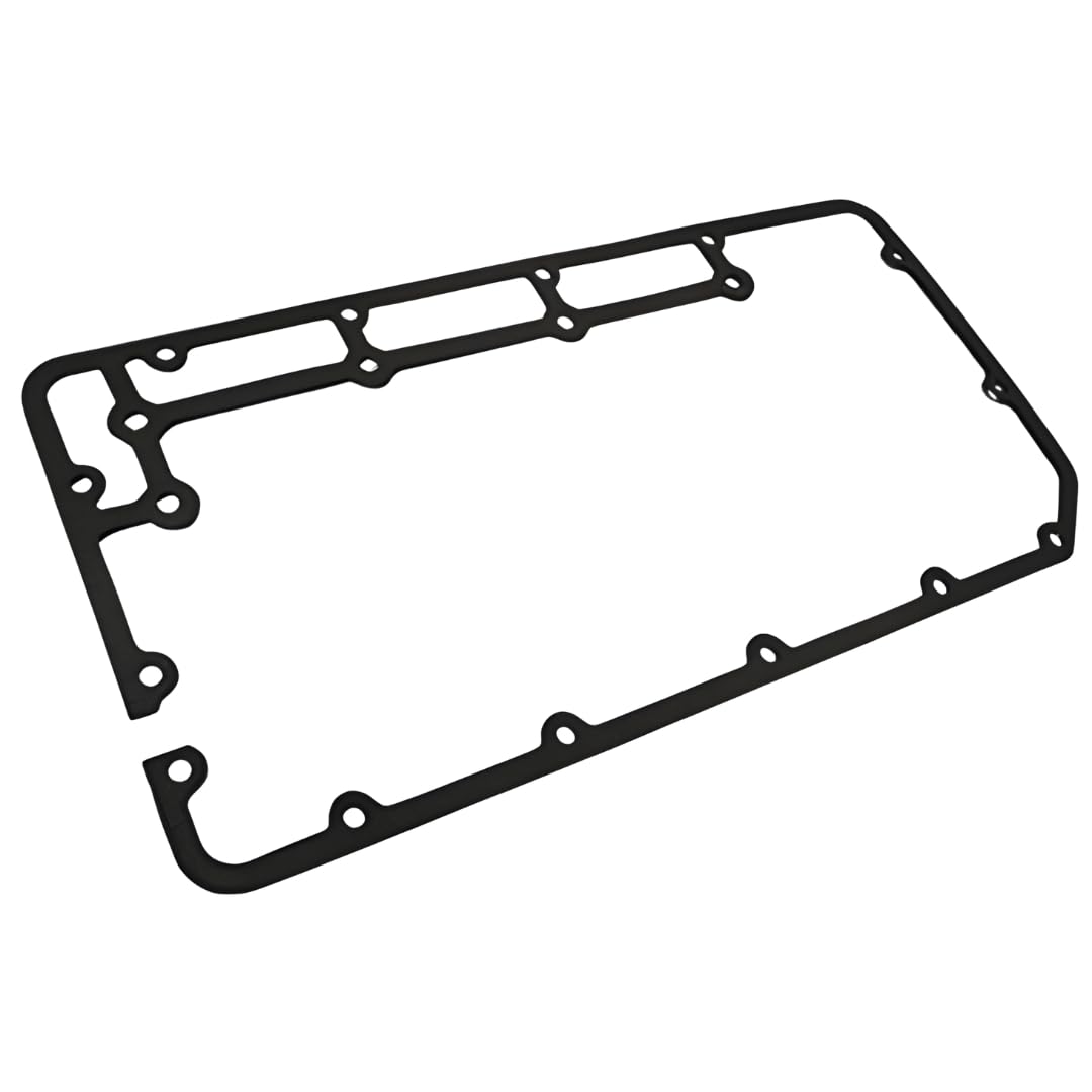 Guarnizione coperchio punterie originale Piaggio 493109 per Porter 1400 Diesel: cornice in gomma nera sagomata con tre aperture interne e occhielli per le viti di fissaggio