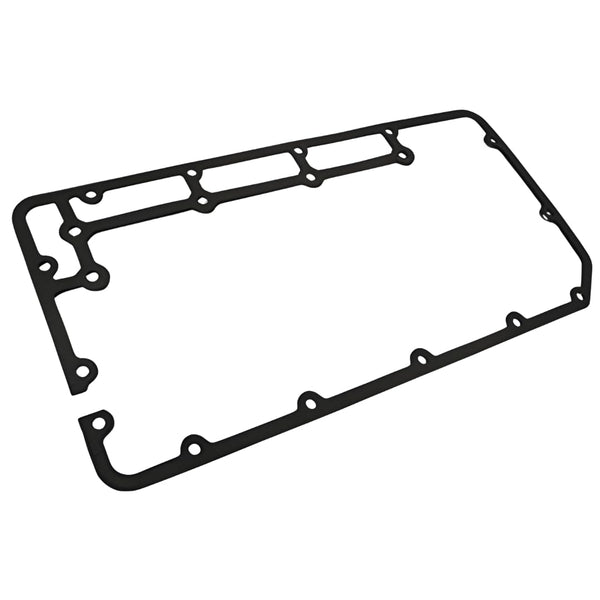 Guarnizione coperchio punterie originale Piaggio 493109 per Porter 1400 Diesel: cornice in gomma nera sagomata con tre aperture interne e occhielli per le viti di fissaggio