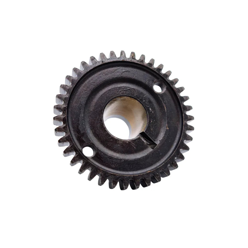 Ingranaggio Piaggio 499020 visto di fronte: ruota dentata in acciaio brunito con foro centrale a chiavetta e due fori sul disco, per Piaggio Scatto 50