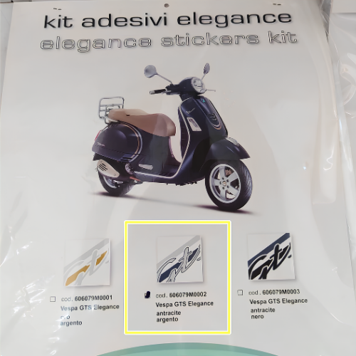 Kit adesivi Elegance originale Piaggio 606079M0002 per Vespa GTS: scheda colori con la variante antracite/argento evidenziata