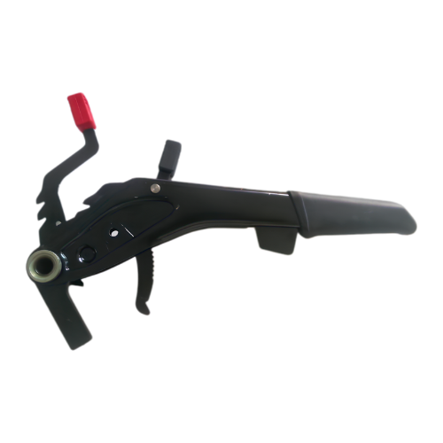 Gruppo leve freno a mano, starter e riscaldamento originale Piaggio 614737 per Ape TM 703: leva di stazionamento nera, levetta con pomello rosso, settore dentato e boccola di articolazione