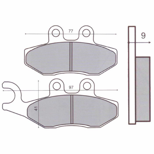 Disegno quotato delle pastiglie Piaggio 647078: 97 e 77 mm di lunghezza, 41 mm di altezza, 9 mm di spessore