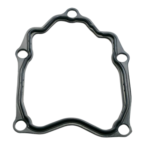 Guarnizione coperchio testa originale Piaggio 829536, vista frontale del profilo sagomato in gomma nera con i cinque fori di fissaggio – Aprilia Atlantic e Scarabeo, Gilera Nexus e Runner