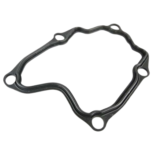 Guarnizione coperchio testa originale Piaggio 829536 in gomma nera, vista di tre quarti con il cordolo di tenuta continuo e i cinque fori di fissaggio – Beverly, MP3, X9, Vespa GTS e GTV