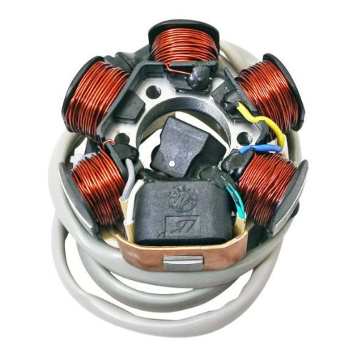 Statore Piaggio 830294 visto di fronte: sei bobine in rame sulla piastra e blocchetto pick-up al centro