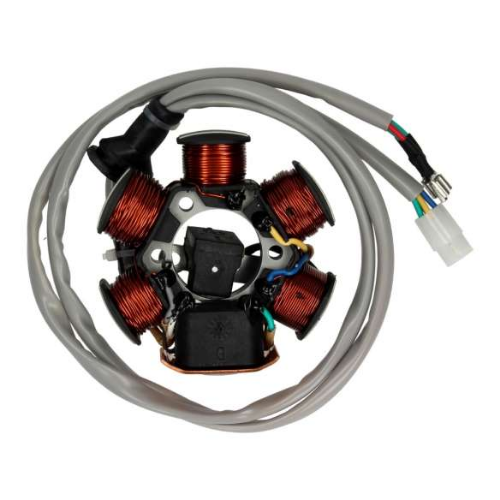 Statore Piaggio 830294 disteso con il cablaggio completo e il connettore bianco a tre poli