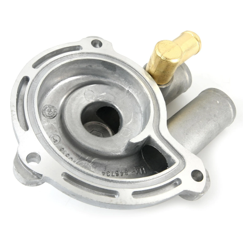 Coperchio pompa acqua originale Piaggio 877528, dettaglio dei tre raccordi e delle sedi viti – vista 2