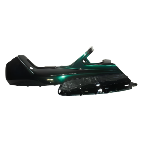 Fiancata superiore destra Piaggio 928693 verde 112 scuro metallizzato per Hexagon 125 e 150, vista di tre quarti