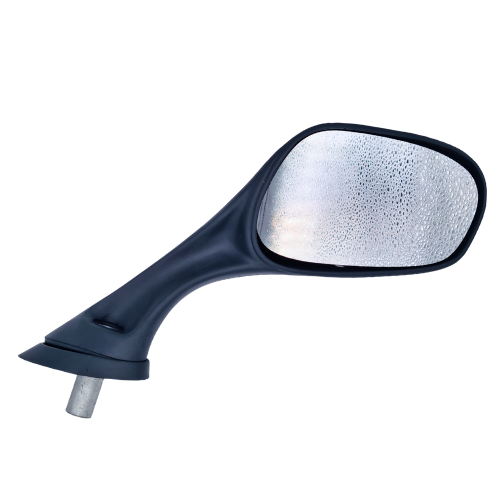 Specchietto retrovisore destro Piaggio CM060208 per Hexagon: corpo nero, vetro trapezoidale e perno filettato con rosetta alla base
