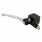 Pompa freno anteriore completa originale Piaggio CM074901 Heng Tong: corpo nero con serbatoio integrato e spia di livello, leva in alluminio argento e raccordo di uscita con tappo di protezione