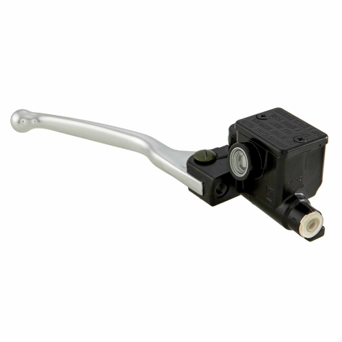Pompa freno anteriore completa originale Piaggio CM074901 Heng Tong: corpo nero con serbatoio integrato e spia di livello, leva in alluminio argento e raccordo di uscita con tappo di protezione
