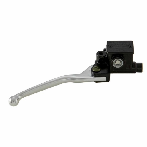 Pompa freno anteriore Piaggio CM074901 vista di lato: leva in alluminio argento distesa, corpo pompa nero con serbatoio integrato e uscita del tubo freno