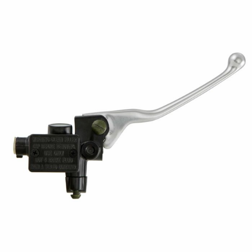 Pompa freno anteriore Piaggio CM074901 vista dal basso: corpo nero, viti del collare, uscita con tappo di protezione e leva in alluminio – Gilera Runner, Piaggio Typhoon, Vespa Primavera