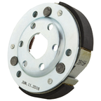 Lato posteriore della frizione centrifuga Piaggio CM1002025 con piastra argentata e rivetti delle masse