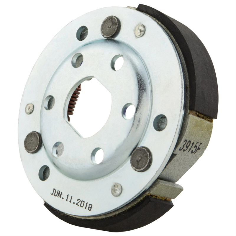 Lato posteriore della frizione centrifuga Piaggio CM1002025 con piastra argentata e rivetti delle masse