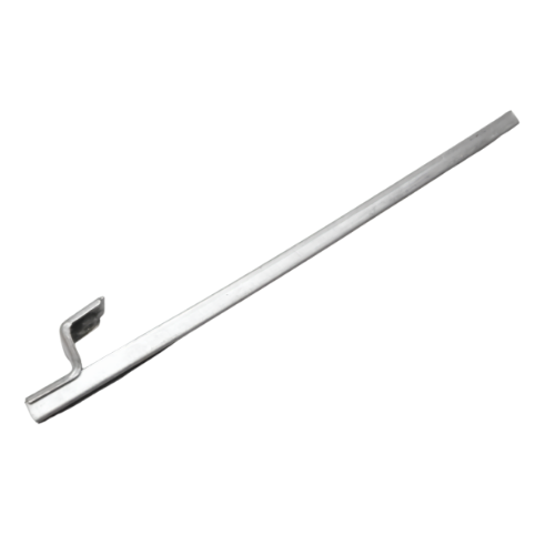 Guida vetro posteriore porta anteriore sinistra originale Piaggio D6740487Z01, profilo metallico cromato con staffa di aggancio, per Porter e Quargo