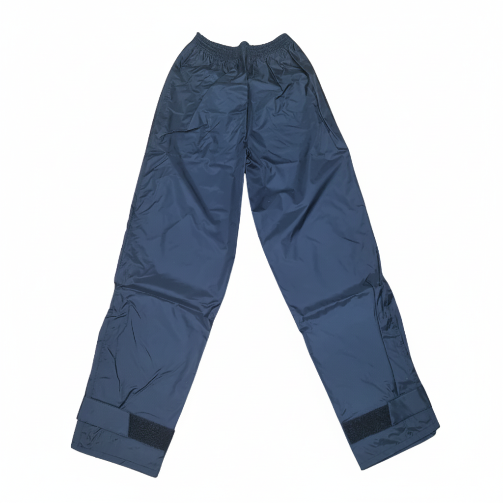 Pantaloni antipioggia Piaggio ECO blu navy distesi, vita elasticata e gamba dritta, vista frontale