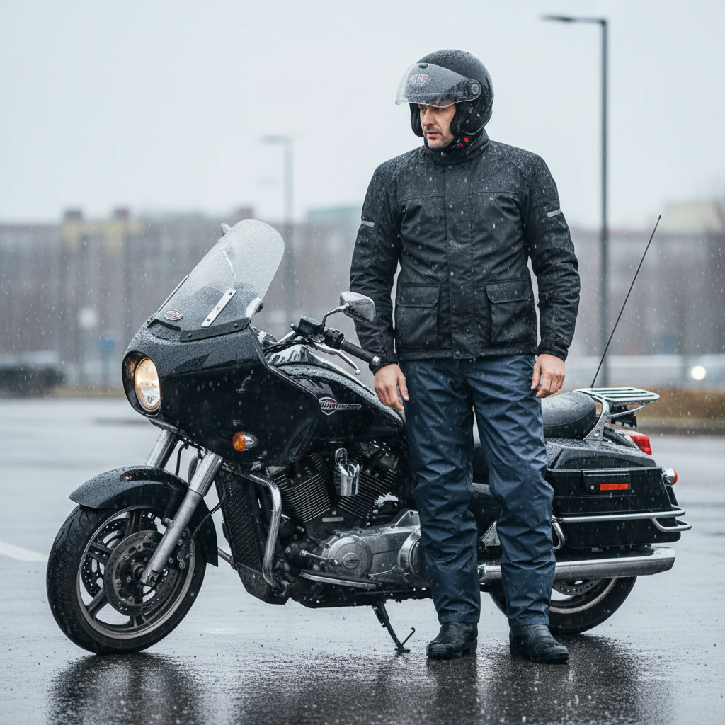 Pantaloni antipioggia Piaggio ECO blu navy indossati da un motociclista sotto la pioggia, vista intera