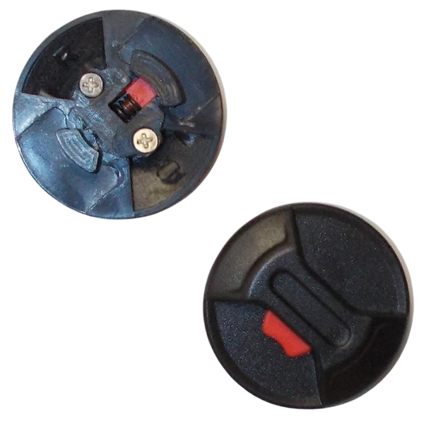 Placchetta fermavisiera Kappa Z2542R per casco KV27, vista interna con le viti e la levetta rossa di sgancio e vista esterna