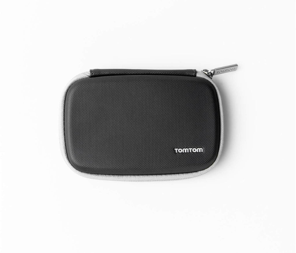 TomTom Custodia Protettiva per Navigatore Rider 550: custodia rigida nera chiusa, fronte con logo TomTom