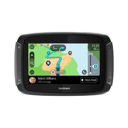 TomTom Rider 550 navigatore moto vista frontale con mappa, percorso e notifica di chiamata in arrivo
