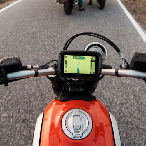 TomTom Rider 550 sul manubrio in orizzontale con mappa e indicazioni durante la guida in curva