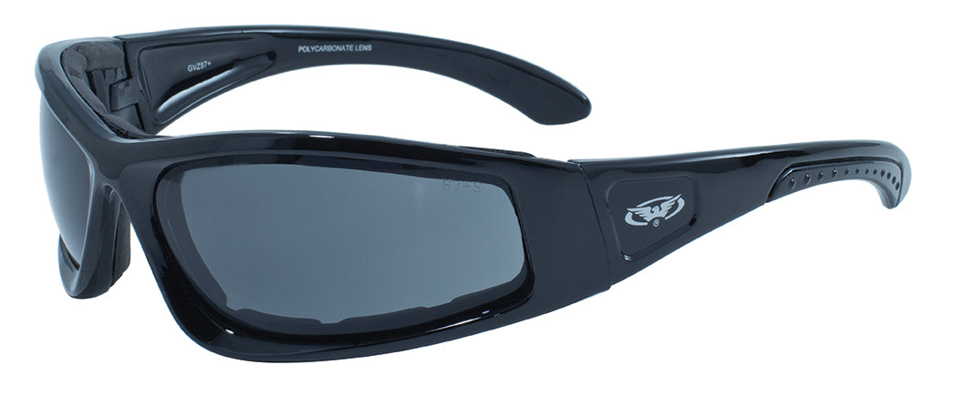 Global Vision Triumphant Nero Lucido Lente Fumé Occhiali Moto Imbottiti ANSI, codice 145917 — Global Vision